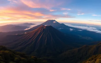 Majestic Mount Rinjani's active volcano summit overlooking lush green valleys on Lombok Island, Indonesia.