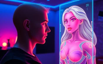 Futuristic scene of a human interacting with a holographic AI character in a high-tech room with neon lighting.