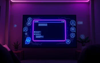 Futuristic chatbot interface with neon lights and holographic character profiles on a digital screen.