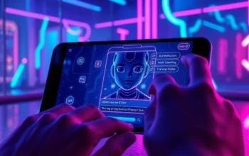 A futuristic AI chatbot interface on a sleek device with a digital humanoid character in a neon-lit cyberpunk environment.