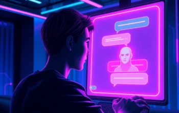 Futuristic digital illustration of a chat interface with an AI character in a neon-lit setting, conveying intimacy and technology.