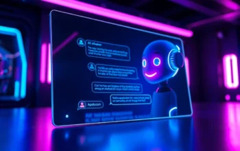 Futuristic AI chatbot interface with a friendly virtual character in a high-tech environment.