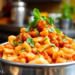 Highly detailed image of ready to eat Mumbai Bhaji in a bowl with fresh herbs, highlighting