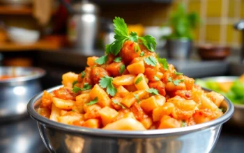 Highly detailed image of ready to eat Mumbai Bhaji in a bowl with fresh herbs, highlighting
