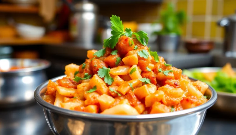 Highly detailed image of ready to eat Mumbai Bhaji in a bowl with fresh herbs, highlighting